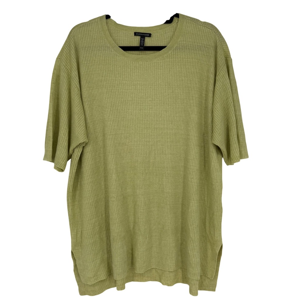 Eileen Fisher Organic Linen Tunic Crew Neck Canary Ribbed Short Sleeve XL - Picture 2 of 11